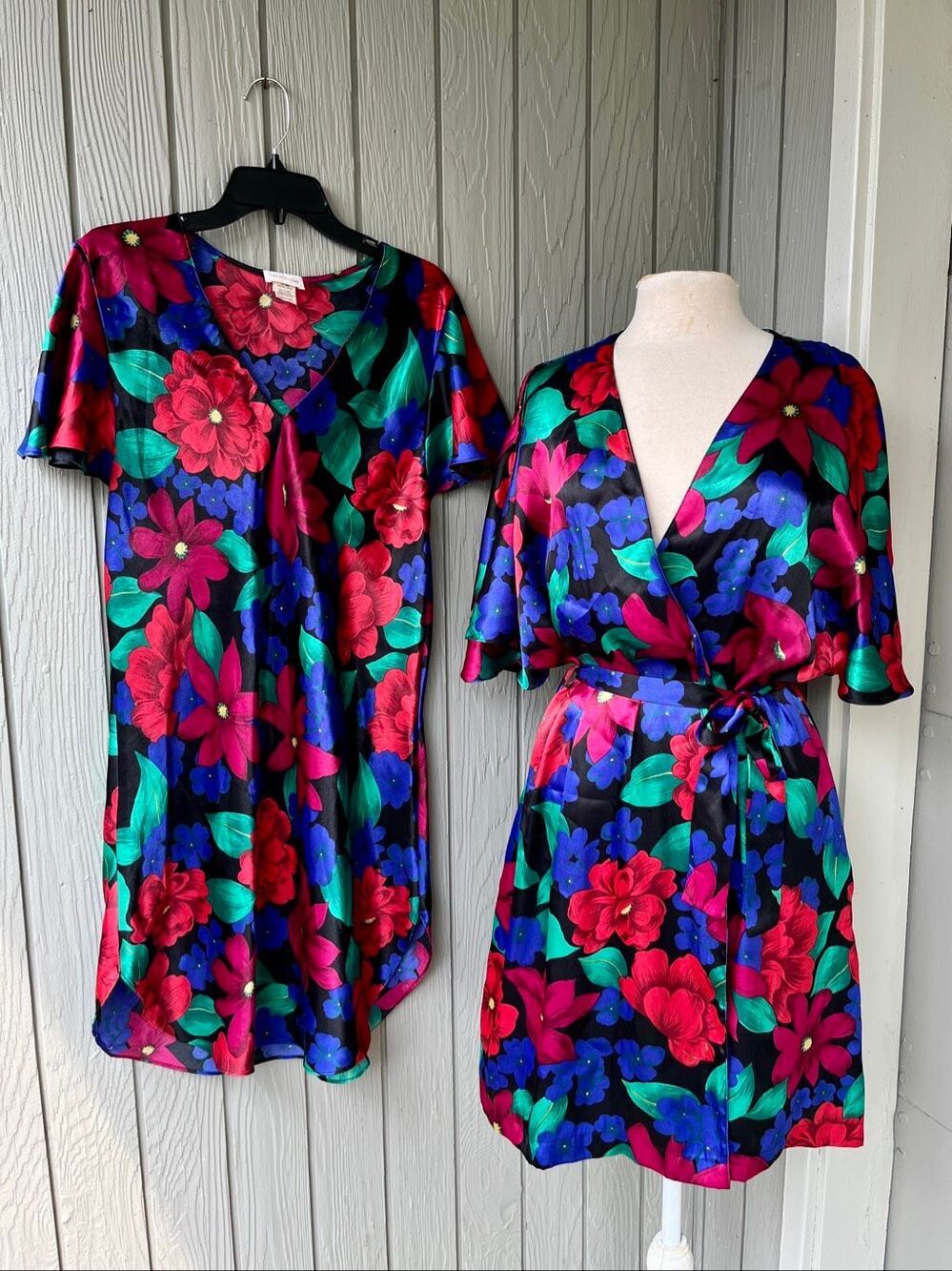 VTG Barbizon Floral Satin Nightgown Robe Set Large 2pc Flutter Sleeve Lounge